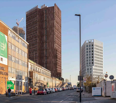 CGI of the two proposed buildings looking towards the east from planning documentation 