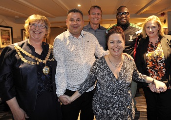 Mayor Corinna Smart, New Licensees Adrianne and Simon Mead, Cricketer Shaun Udal, Rugby Player Ugo Monye and Mary Macleod MP