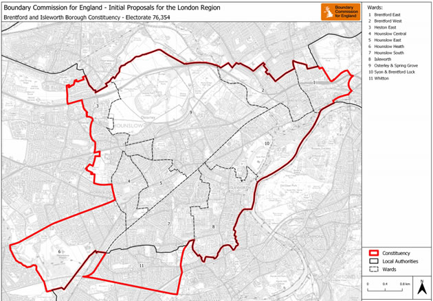 Map showing new boundaries of the Brentford & Isleworth seat