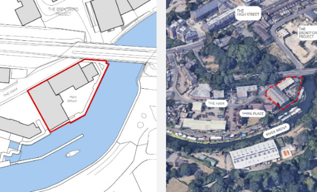 Map and aerial view of the Ham Wharf site