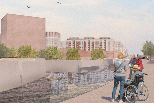 CGI of scheme from the south bank of the River Brent looking north-east