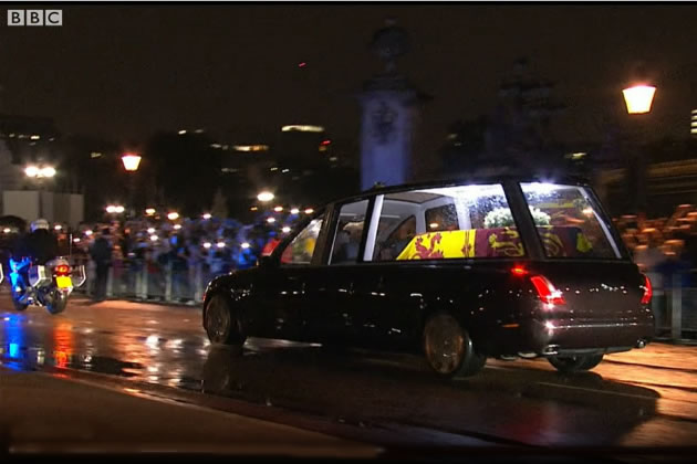 The state hearse on its way to Buckingham Palace