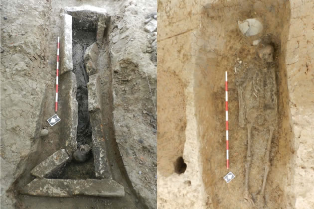 The skeleton in a sarcophagus (left) and the earth cut grave with the hole next to it believed to have been for a baby
