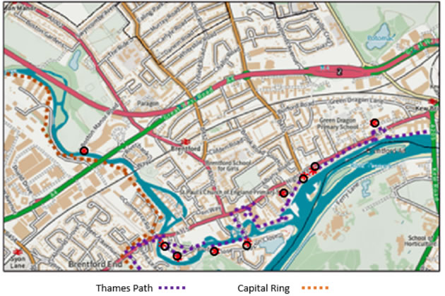 the routes of the Thames Path (North Bank) National Trail and the Capital Ring