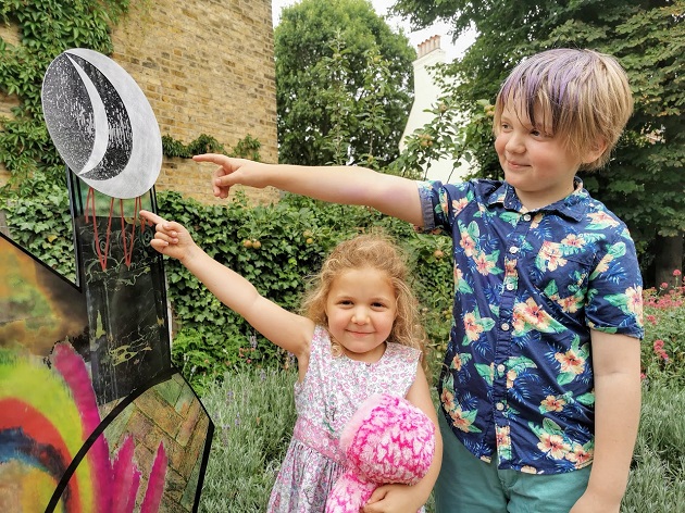 Zarla (age 5) & Xander Ostrove-Pound (aged 9) admiring the new Moon Dial at JMW Turner's House in Twickenham. Pic Lucinda MacPherson.jpg