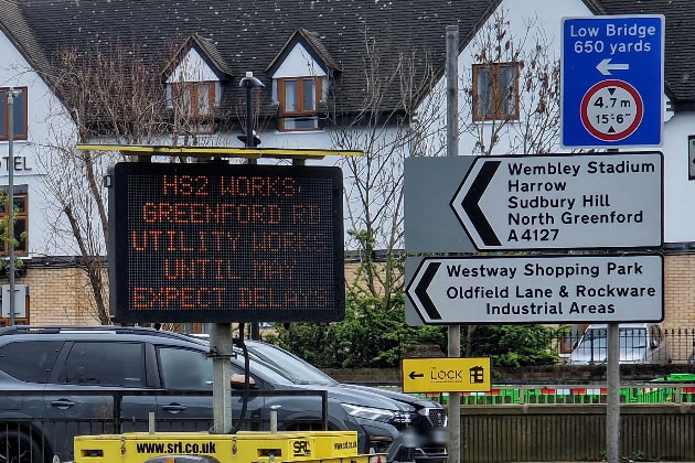 HS2 works information sign on Greenford Road by the roundabout