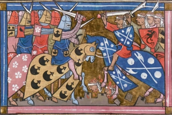 14th-century miniature of the Second Crusade battle from the Estoire d'Eracles-public domain 