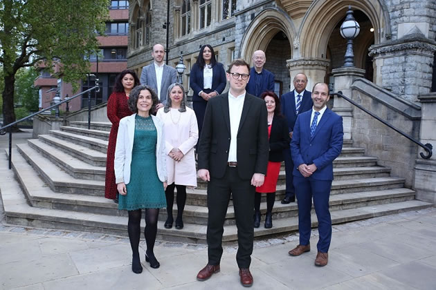 The new cabinet, l-r Back - Cllr Josh Blacker, Cllr Kamaljit Kaur Nagpal, Cllr Steve Donnelly. 2nd row - Cllr Aysha Raza, Cllr Shital Manro. 3rd row - Cllr Jasbir Anand, Cllr Lauren Wall. Front row - Cllr Deirdre Costigan, Cllr Peter Mason, Cllr Bassam Mahfouz