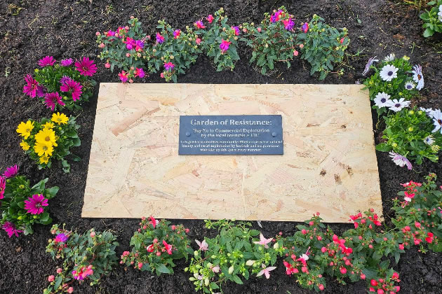 Close up of the plaque at the centre of the flower patch 