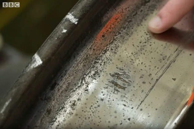 A close up of a 'wheel flat' on a Piccadilly line train 