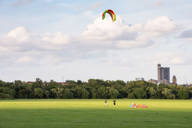 A kite flying above Wormwood Scrubs 
