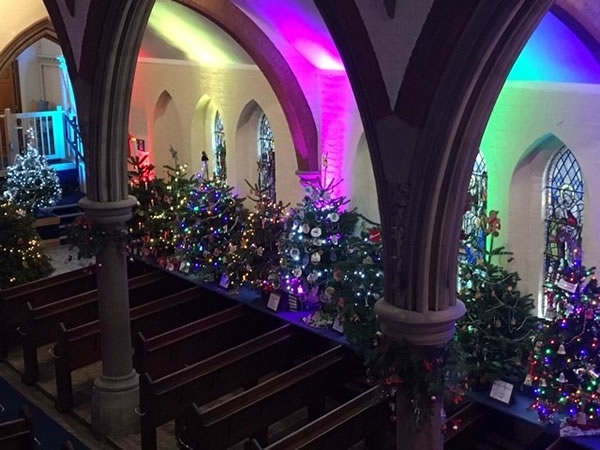 Church and Christmas trees